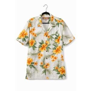 Caribbean Joe Hawaiian Shirt L White Orange Floral Rayon Camp Shirt